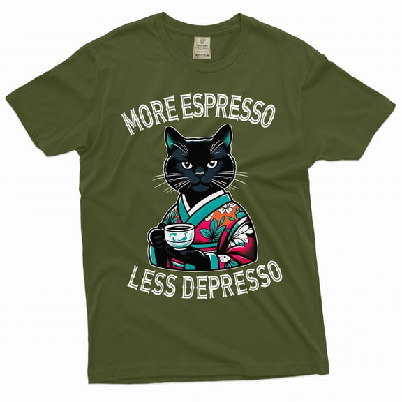 Funny Japanese Cat T-Shirt Espresso Depresso Shirt Humor Shirt Humorous Saying Gift Tee (4X-Large Military Green)