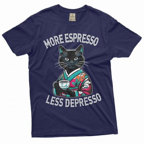 Funny Japanese Cat T-Shirt Espresso Depresso Shirt Humor Shirt Humorous Saying Gift Tee (4X-Large Navy Blue)