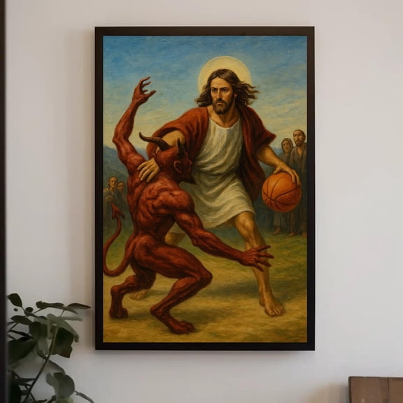 Funny Jesus Basketball Canvas Painting Wall Art For Game Room Or Ironic Christian Decor With Devil One On One Sports Parody Print, Stretched Canvas Size 16x24