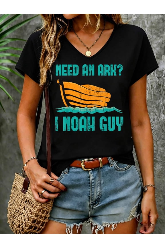 Funny Jesus Christ Devotee Gift Noah Bible Verse Prayer V Neck T-Shirt Cotton Women's V Neck Graphic Tee, Casual Short Sleeve Shirt,Vacation Outfit