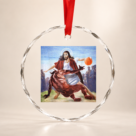 Funny Jesus Crossing Up The Devil Christian Religious Glass Ornament