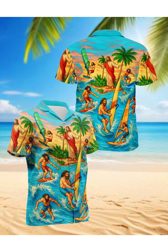 Funny Jesus Hawaiian Shirt for Men, Button Down Summer Beach Short Sleeve, S-5XL