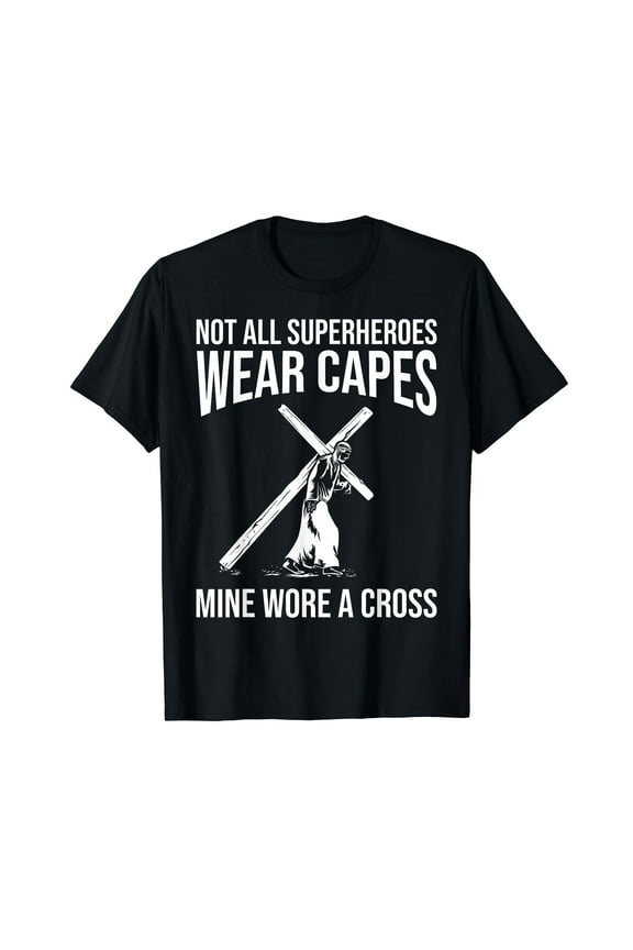 Funny Jesus Superhero Design Men Women Jesus Christ Cross Black T-Shirt Crew Neck Tee