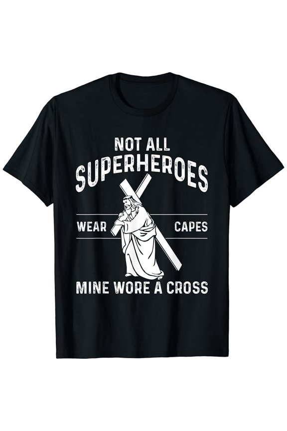 Funny Jesus Superhero Design Men Women Jesus Christ Cross Short Sleeve Black T-Shirt Cotton Tee
