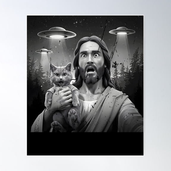Funny Jesus Ufo Selfie Meme Vintage Easter Day Alien Tee Poster Wall Art, Modern Wall Decor For Living Room Bedroom, 16x24 UNFRAMED