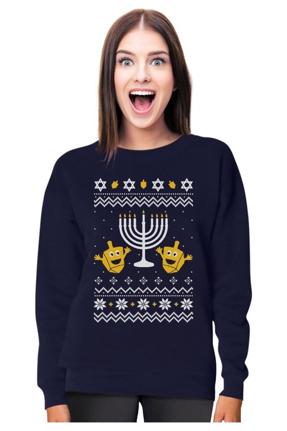 Women's Funny Jewish Holidays Ugly Christmas Hanukkah Sweatshirt, X-Large Navy