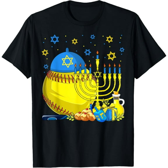 Funny Jewish Softball Ball & Bats Menorah Hanukkah Pajamas T-Shirt