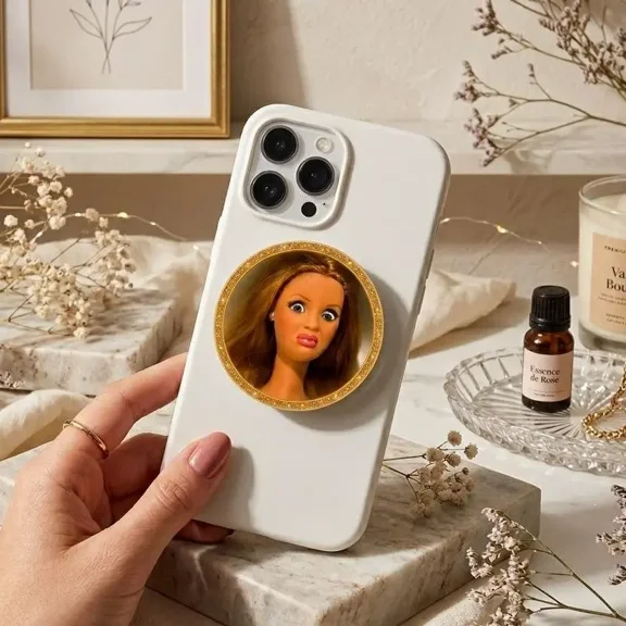 Funny Judgmental Doll Face Acrylic Phone Grip, Disgusted Fashion Doll Expression Phone Stand, Humorous Clear Acrylic Holder for iPhone, Relatable Meme Gift