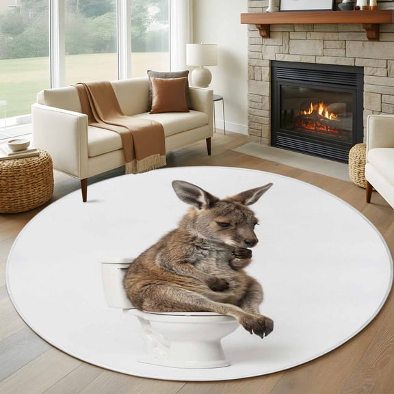 Funny Kangaroos 6ft Round Rugs, Cute Art Fun Lovely Animals on Toilets Washable Non-Slip Area Rugs for Living Room Bedroom Kitchen, Soft Low Pile Dining Room Kicthen Circle Carpet, Indoor Floor Rug