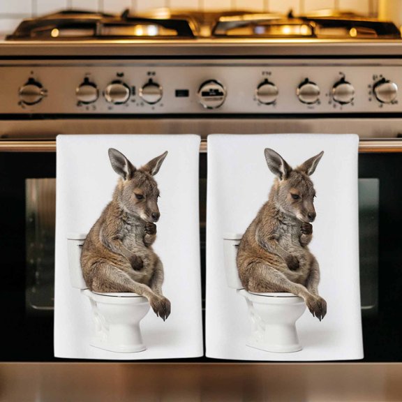 Funny Kangaroos Kitchen Towels Set of 2, Cute Art Fun Lovely Animals on Toilets Absorbent Dish Towels for Kitchen, Microfiber Hand Towel, Quick Drying Tea Towel for Cleaning Decorative Dishcloths