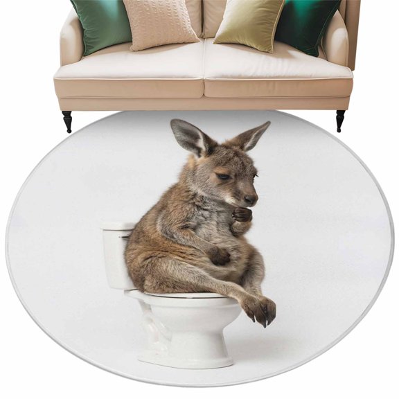 Funny Kangaroos Round Area Rugs Collection 7', Cute Art Fun Lovely Animals on Toilets Non Slip Indoor Circular Throw Runner Rug Floor Mat Carpet for Living Room Dining Table Bedroom Nursery
