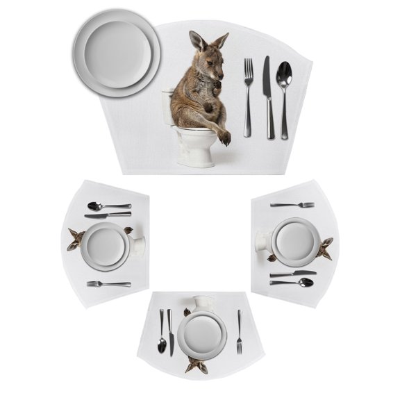 Funny Kangaroos Round Table Placemats Set of 4 Wedge Placemats, Cute Art Fun Lovely Animals on Toilets Place Mats for Dining Table Set Washable Mats Kitchen Decor for Indoor Outdoor Wipe Clean