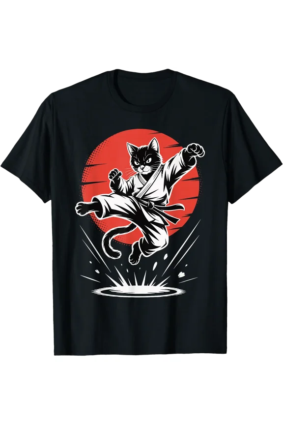 Funny Karate Cat Martial Arts Black Belt Fighter Jump Kick T-Shirt