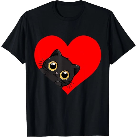Funny Kawaii Black Cat Valentine's Day Heart Men Women Kids T-Shirt
