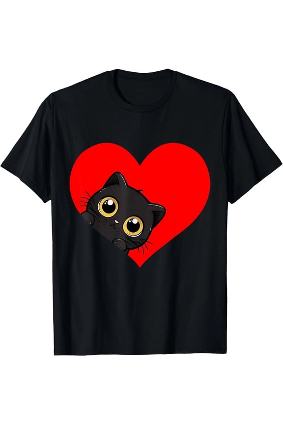 Funny Kawaii Black Cat Valentine's Day Heart Men Women Kids T-Shirt