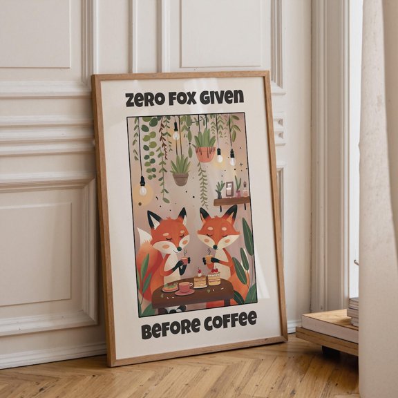 Funny Kawaii Fox Coffee Zero Fox Given Before Coffee Print Cute Kitchen Décor Bar Artwork Lover, Unframed Canvas