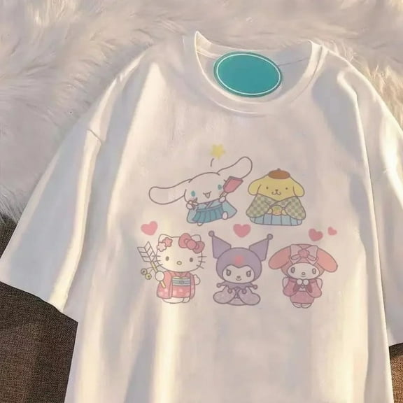 Funny Kawaii Sanrio Hello Kitty Soft Loose Women's T-shirt Japanese Cute Girls Y2K Aesthetic Fashion Short Sleeve Summer Tops