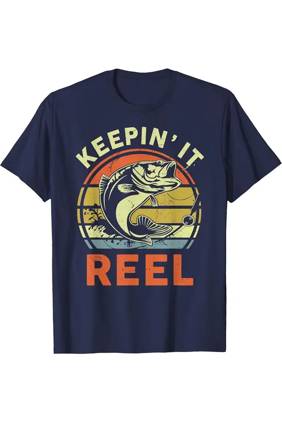 Funny Keepin' It Reel Bass Fishing Graphic Gift for Dad Fisherman Men Short Sleeve Casual T-Shirt