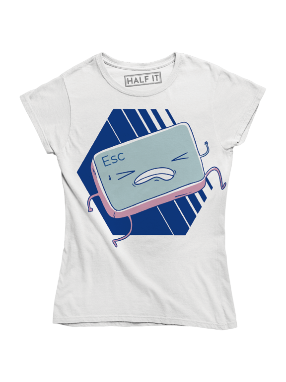 Funny Keyboard Cartoon Escape Key Esc Running Over Blue Striped Hexagon T-Shirt