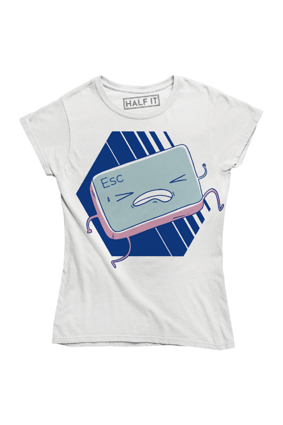 Funny Keyboard Cartoon Escape Key Esc Running Over Blue Striped Hexagon T-Shirt