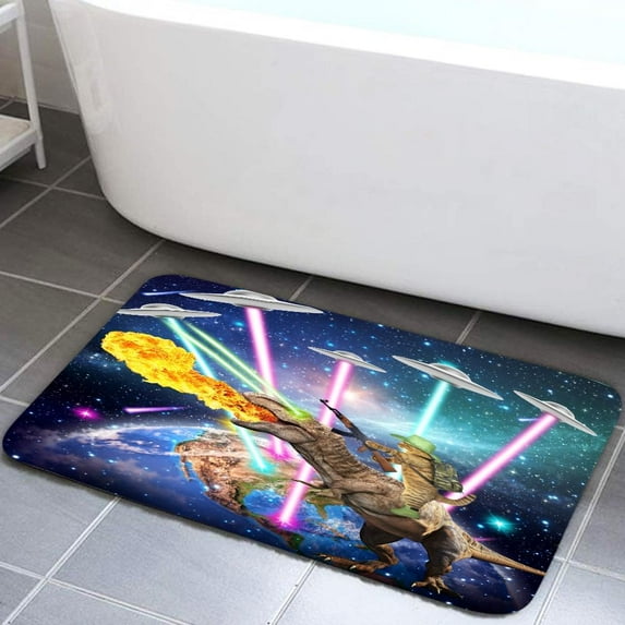 Funny Kids Bathroom Rug, Cool Cat Riding Cute Dinosaur on Outer Space Universe Fantasy Galaxy Hilarious Bathroom Accessories Shower Mat for Kitchen, Cosmic Non Slip Bathtub Mat Bath Rugs