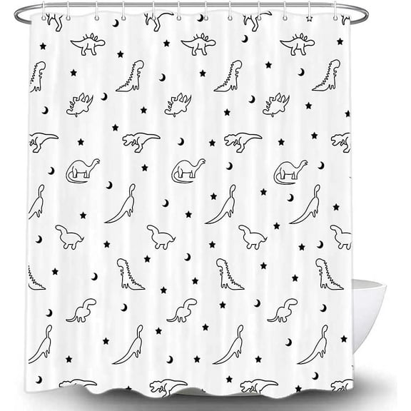Funny Kids Dinosaur Shower Curtain for Bathroom, Cute Black and White Dino Fabric Shower Curtains Set, Boys Restroom Decor Accessories with Hooks 72X72