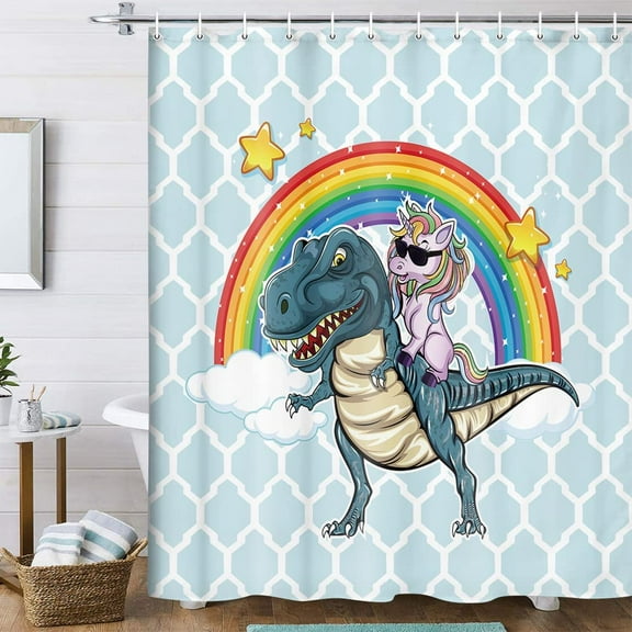 Funny Kids Shower Curtain for Bathroom, Cool Unicorn Riding Dinosaur with Rainbow Shower Curtain Set, Fabric Cute Cartoon Shower Curtain Kids Bathroom accessories with 12PCS Hooks, Teal Blue (70X70)