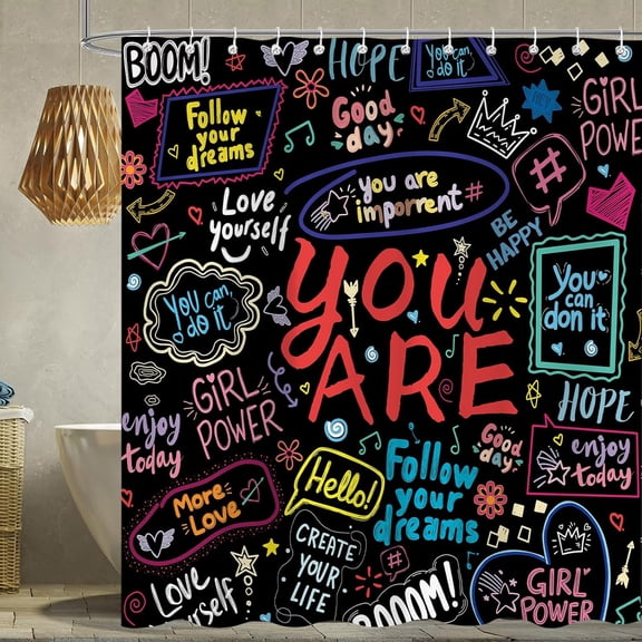 Funny Kids Shower Curtain, Colorful Teens Motivational Inspirational Shower Curtains for Bathroom, Modern Abstract Neon Graffiti Decor Polyester Fabric Shower Curtain Sets 12 Hooks 72X72 in