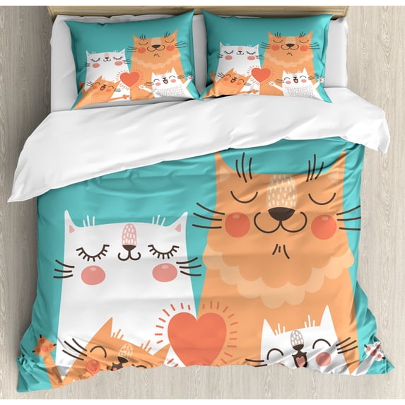 Funny King Size Duvet Cover Set, Cute Kitten Couple Sweet Happy Paws Loving Heart with Family Cats Poster Style Animal, Decorative 3 Piece Bedding Set with 2 Pillow Shams, Multicolor, by Ambesonne