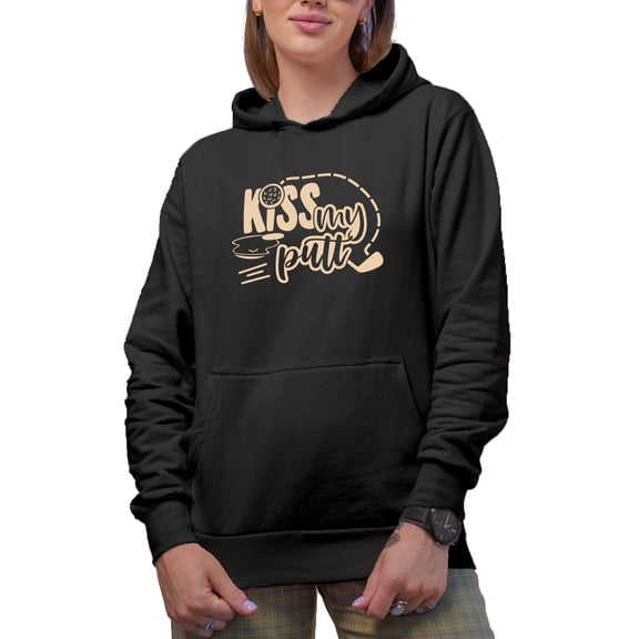 Funny Kiss My Putt Pun Quote, Golf Player, Golfing or Golfer Themed Merch Gift, Black Hooded Sweatshirt or Hoodie, Large