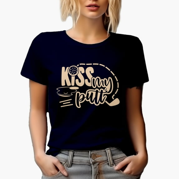 Funny Kiss My Putt Pun Quote, Golf Player, Golfing or Golfer Themed Merch Gift, Navy Blue T-Shirt, X-Large