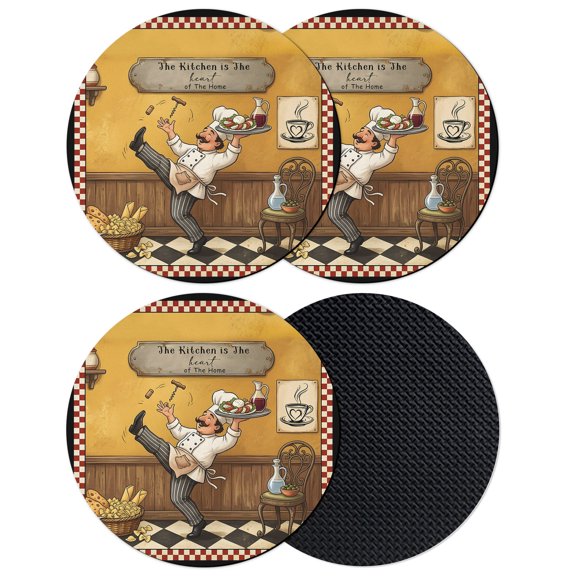 Funny Kitchen Chef Coasters Set of 4, Absorbent Coasters for Drinks, Retro Farmhouse Cooking Red White Plaid Coaster for Desk Coffee Table Protection, Home Decor House Warming Gifts 4"