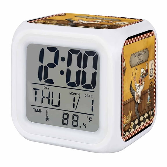 Funny Kitchen Chef Digital Alarm Clock for Bedrooms,Smart LED Alarm Clock with 7 Color Changing Night Light,Retro Farmhouse Red White Plaid Silent Wake Up Clocks for Sleep Study 3.2"x3.2"