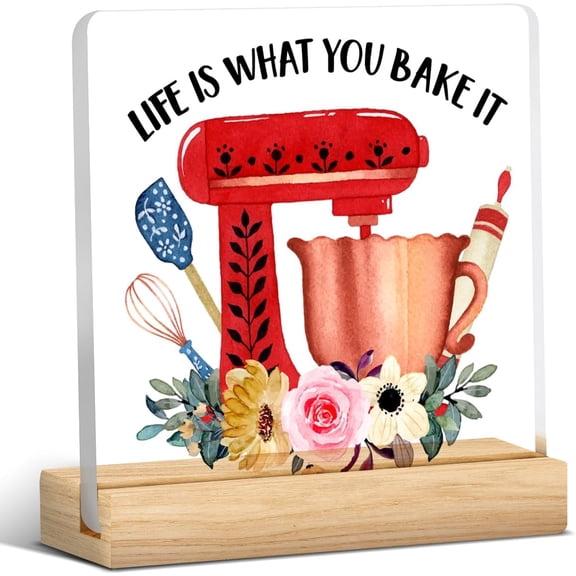 Funny Kitchen Clear Desk Decorative Sign Life is What You Bake It Acrylic Plaque With Wooden Stand 4x4 Inch Sign Home Kitchen Desk Decor