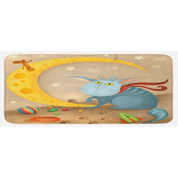 Funny Kitchen Mat, Cat and Mouse on Crescent Moon Shaped Cheese Paws Toys Cartoon, Plush Decorative Kitchen Mat with Non Slip Backing, 47" X 19", Multicolor, by Ambesonne