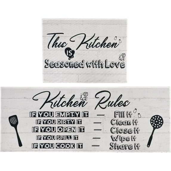 Funny Kitchen Rugs Set 2 Piece Kitchen Rules Rugs and Mats Non Skid Washable for Kitchen Sink Low-Profile Floor Mats Decorations for Home Kitchen (18"x48"+18"x24" )