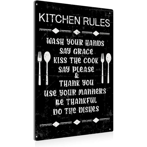 Funny Kitchen Rules Metal Tin Sign Wall Art Decor Vintage Sign for Home Café Bar Decor Gifts - Black