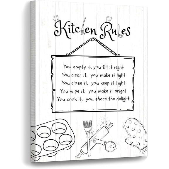 Funny Kitchen Rules Wall Decor Framed Farmhouse Kitchen Rules Wall Art Canvas Signs with Wood Background Prints Rustic Kitchen Rules Sign Decor for Dining Room Modern Home (12x16 inch White)