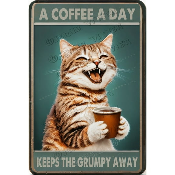 Funny Kitchen Signs Coffee Sign A Coffee A Day Keeps The Grumpy Away Vintage Tin Sign Metal Decorations Cat Cafe Poster Signs Plaques Christmas Birthday New Home Gift 8x12 Inch