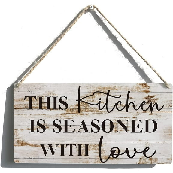 Funny Kitchen Signs Gift Farmhouse This Kitchen is Seasoned with Love Wooden Hanging Sign Rustic Wall Art Home Kitchen Decoration 10x5 Inch