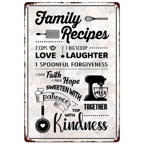 Funny Kitchen Signs Wall Decor Farmhouse Personalized Cookroom Metal Sign Retro Kitchens Counter Accessories 12x8 Inch Aluminium Hanging Plaque Home Decorations (Family Recipes Sign)