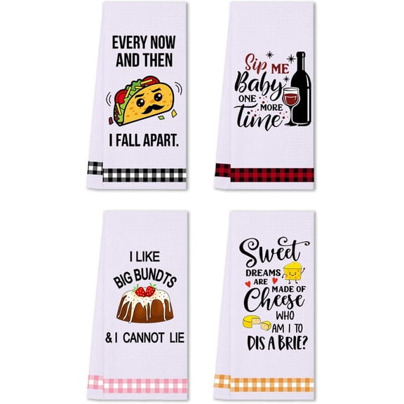 Funny Kitchen Towels, Cute Decorative Dish Towels Sets, Absorbent Waffle Hand Towels, Housewarming Gifts for New Home, Women, Mom, Set of 4, Funny House Warming Presents, Hostess Gifts