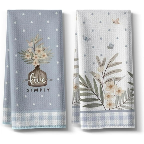 Funny Kitchen Towels,Drying Absorbent Tea Towel,Live Simply Spring Summer Seasonal Dishcloth Décor,18x26inch,2 Value Pack,Cleaning Hand Dish,Gifts for Housewarming Mother''s Day(Blue)