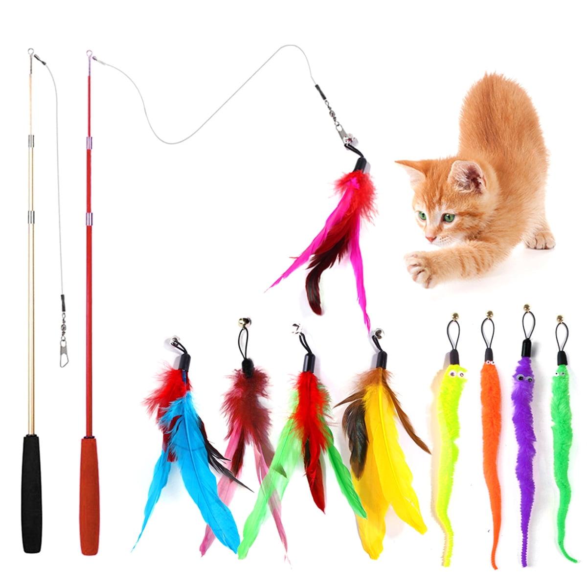 Funny Kitten Toys Cat Fishing Pole Toy for Bored Indoor Cats Chase and