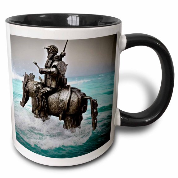 3drose, Funny Knight - Fantastic Knight in Armor on a Horse in the Ocean Gift, 11oz Two-tone Black Mug