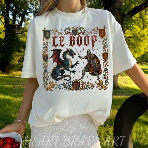 Funny Knight and Dragon, Persian Le Boop Dragon, Medieval Renaissance Fair, Vintage Medieval Manuscript Shirt
