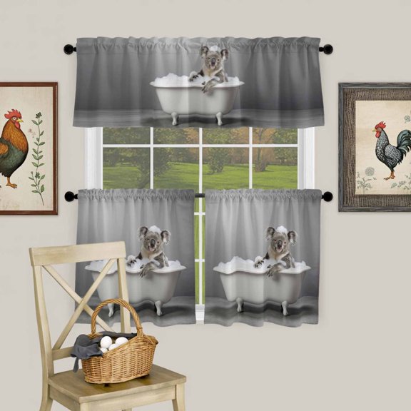 Funny Koala Bathtub Curtain Tier and Valance Set 3 Piece, Gray Animal Art 3-inch Rod Pocket Window Tier Curtains Valance for Kitchen Living Room