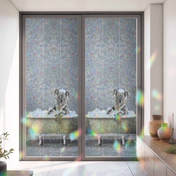 Funny Koala Bathtub Window Privacy Film,Decorative Windows Static Cling Gray Art Heat Control Removable Glass Sticker for Home Bathroom Bedroom Window Door,35x79in