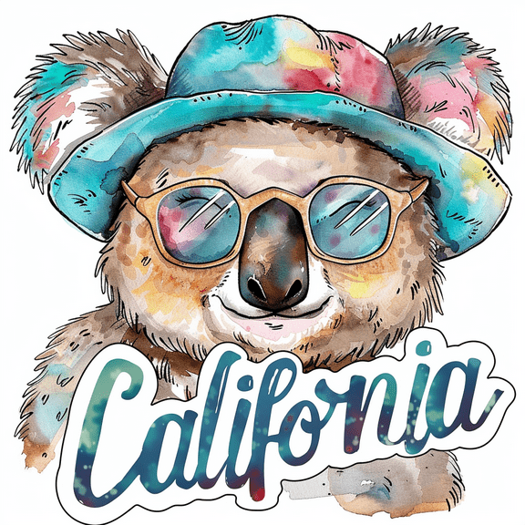 Funny Koala with Hat and Sunglasses California Bear Car Sticker Trendy Colorful Watercolor Design for Car, Laptop, Hydro Flask, Journal, Luggage, or Travel Gift Lovers