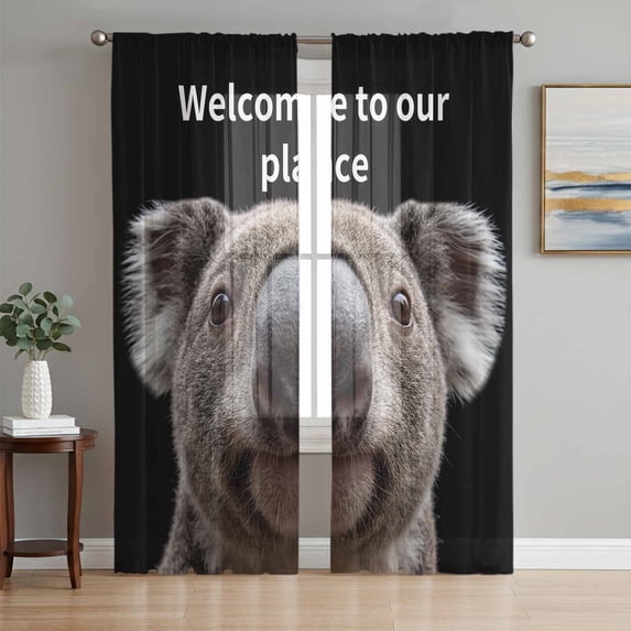 Funny Koala Sheer Curtains 63 Inch Length 2 Panels for Living Room, Welcome To OUR Place Modern Retro Voile Kitchen Curtain Set, Luxury Privacy Drapes Window Treatment for Bedroom